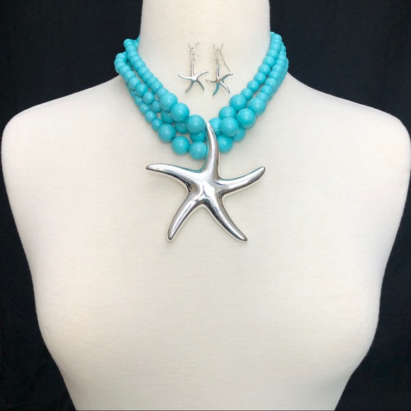 Large Silver Starfish Blue Necklace Earrings Set - Picture 2 of 3